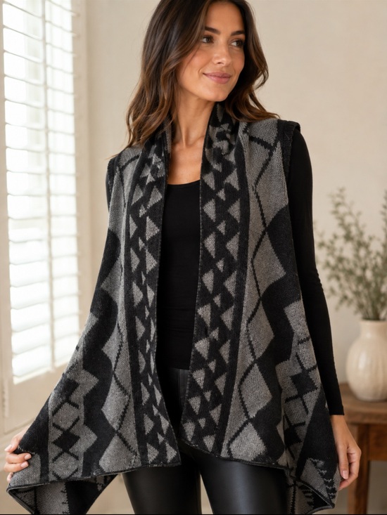 Questions Sweaters - Sleeveless Open-Front Tribal Knit Vest - Black & Gray